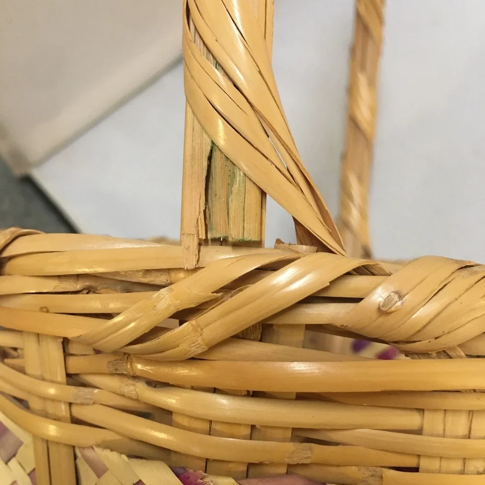 Vintage Mexican Woven Basket Handle Natural Purple Handcrafted Easter Holiday